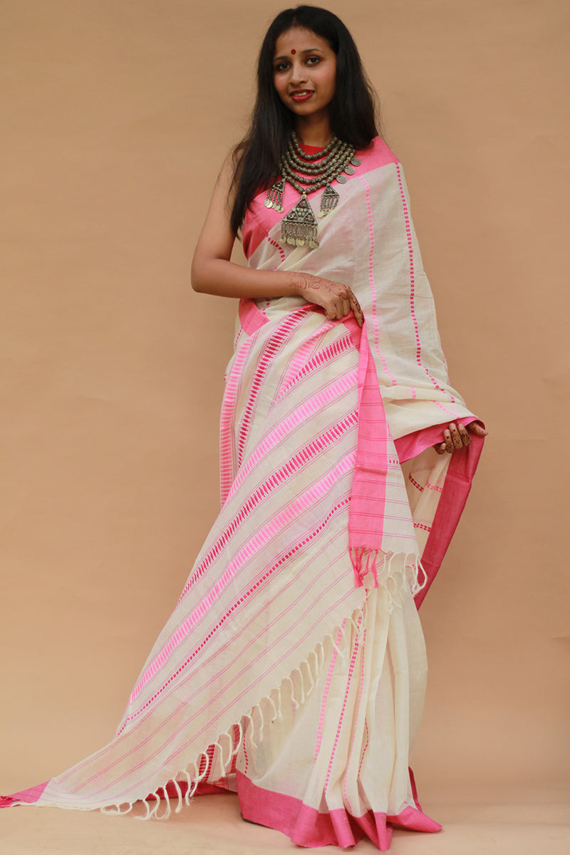 Handloom Cotton Saree | Begumpuri | White with Pink