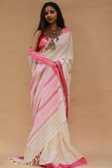 Handloom Cotton Saree | Begumpuri | White with Pink