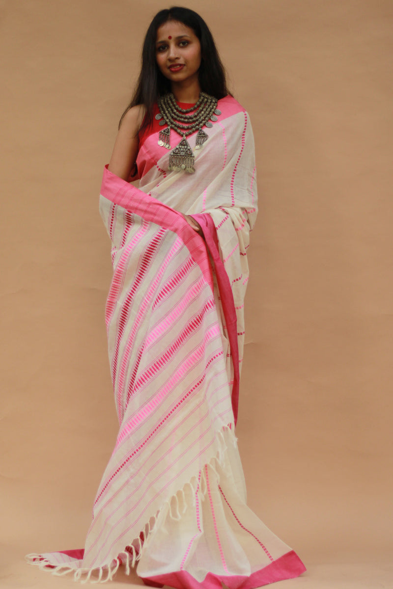 Handloom Cotton Saree | Begumpuri | White with Pink