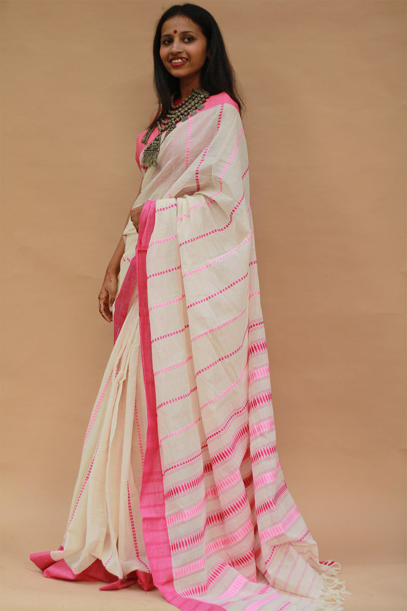 Handloom Cotton Saree | Begumpuri | White with Pink