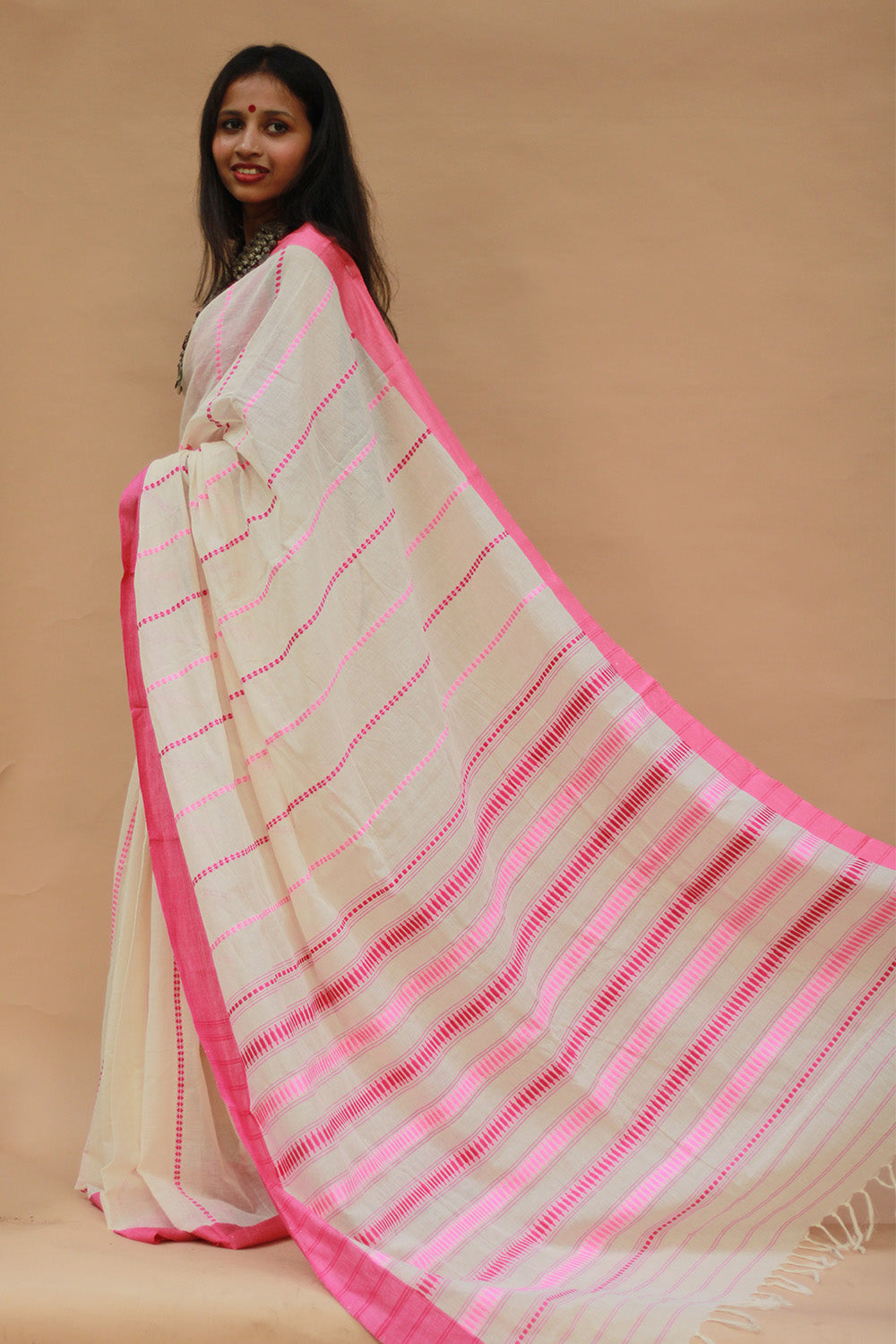Handloom Cotton Saree | Begumpuri | White with Pink