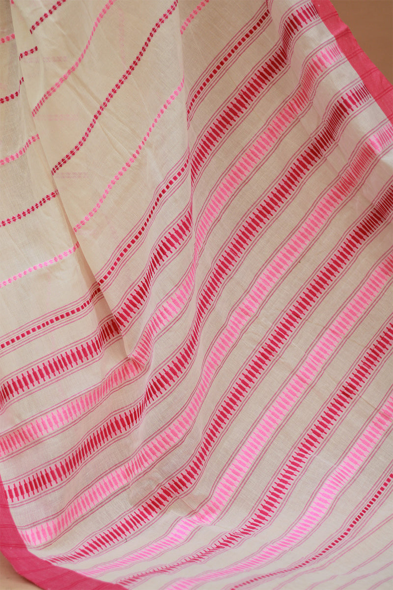 Handloom Cotton Saree | Begumpuri | White with Pink