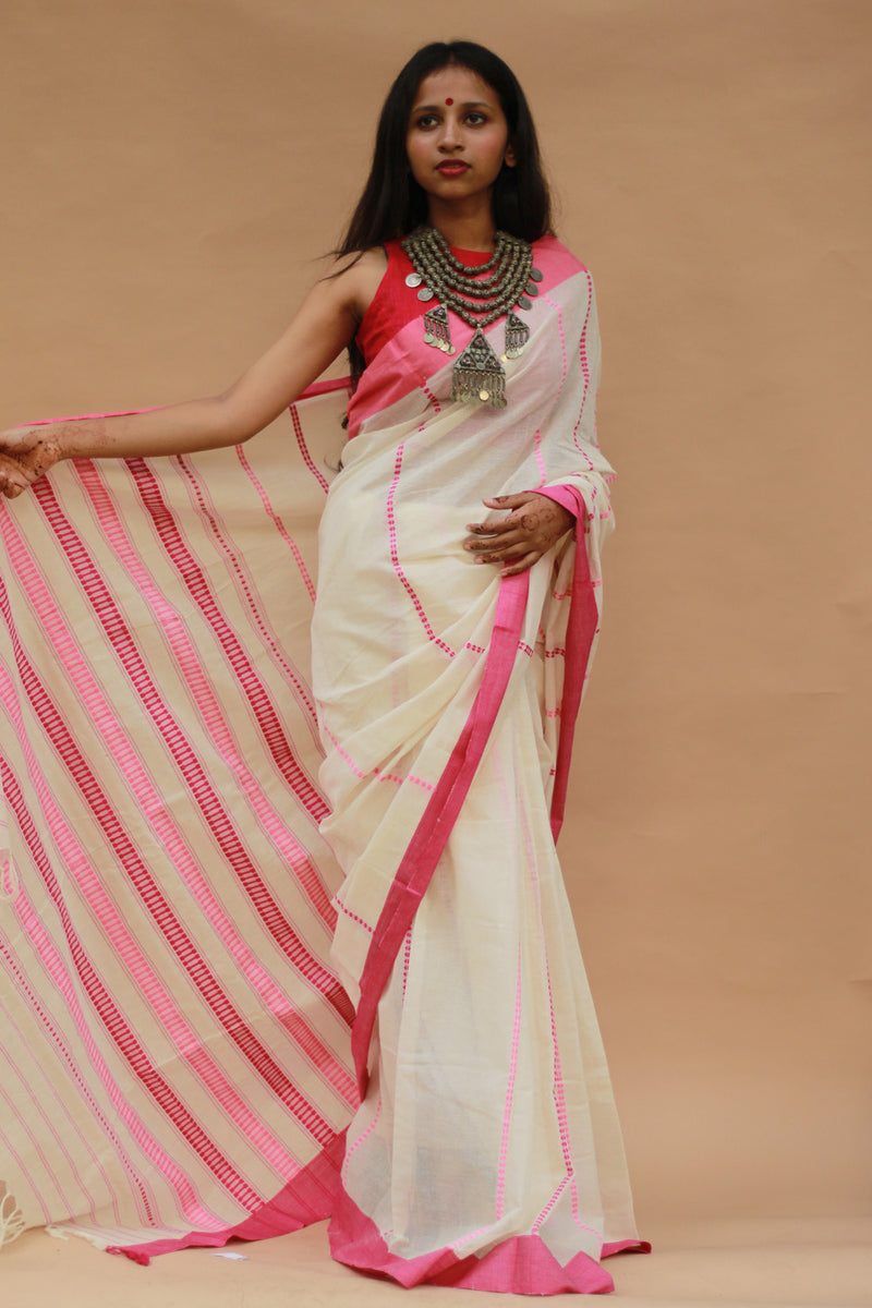 Handloom Cotton Saree | Begumpuri | White with Pink