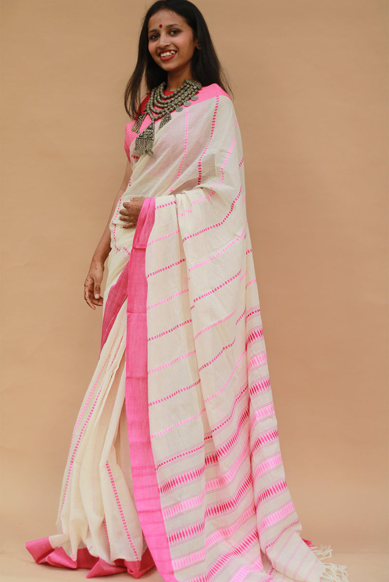 Handloom Cotton Saree | Begumpuri | White with Pink