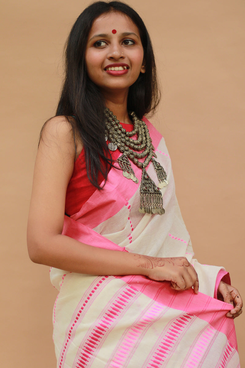 Handloom Cotton Saree | Begumpuri | White with Pink