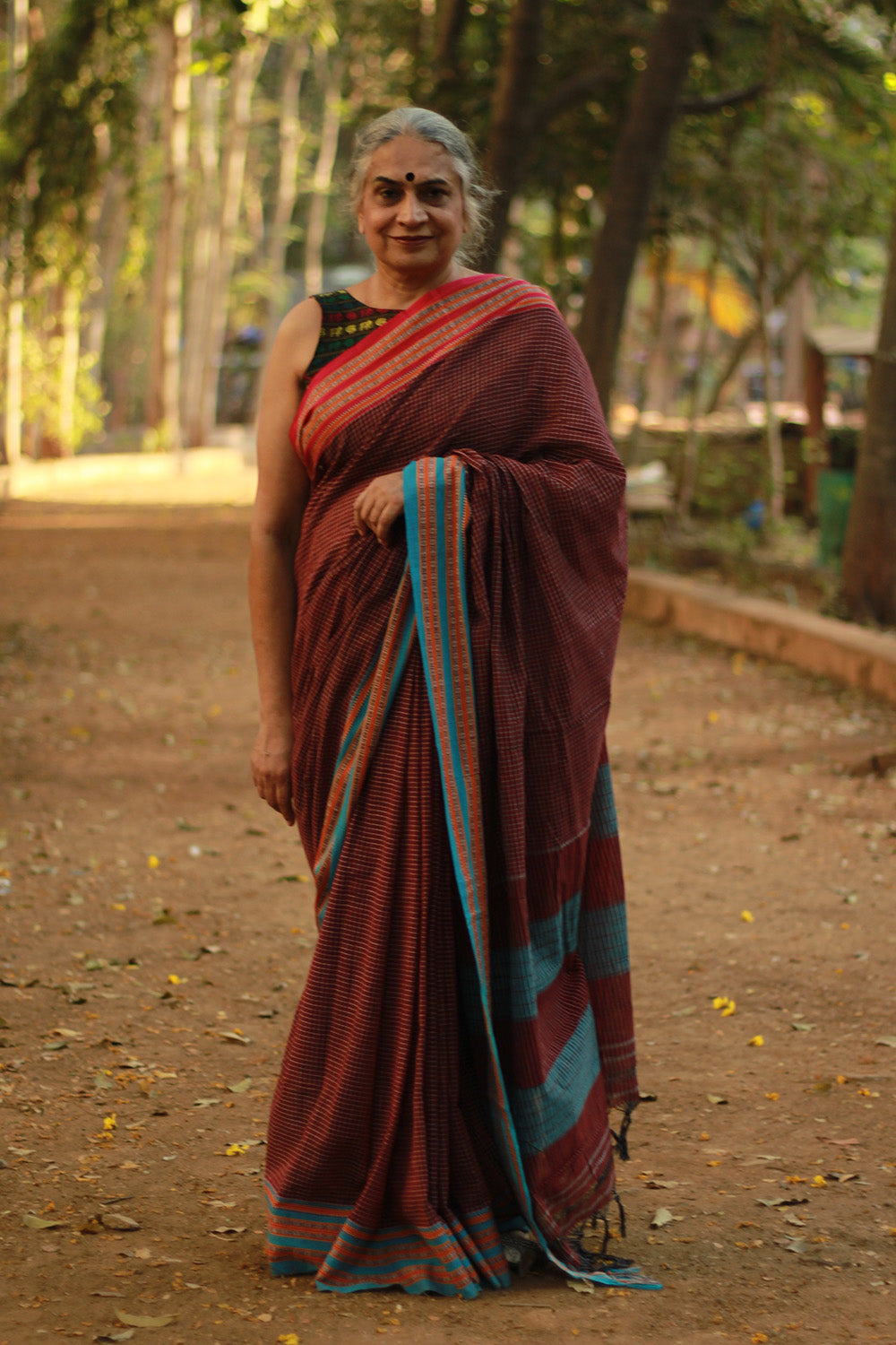 Patteda Anchu Saree | Maroon with Pink Blue Ganga-Jamuna