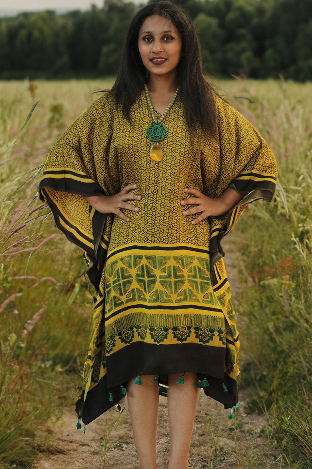 Sitaara| Modal Kaftan | Yellow Geometric Ajrakh