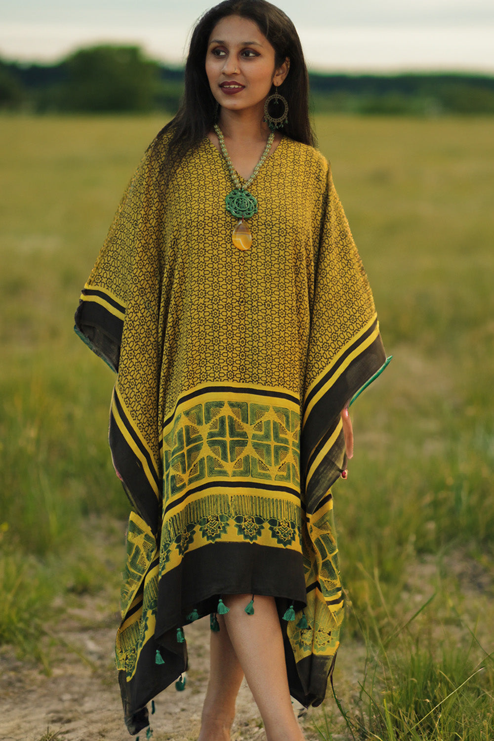 Sitaara| Modal Kaftan | Yellow Geometric Ajrakh