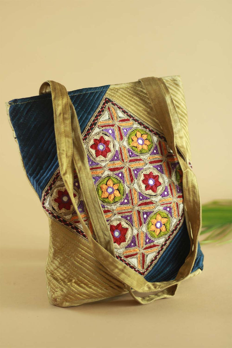 Hand Embroidered Fabric Bag Navy Blue Gold