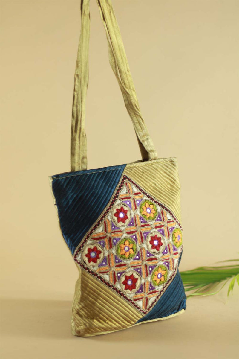 Hand Embroidered Fabric Bag Navy Blue Gold