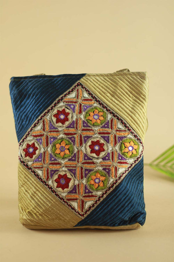 Hand Embroidered Fabric Bag Navy Blue Gold