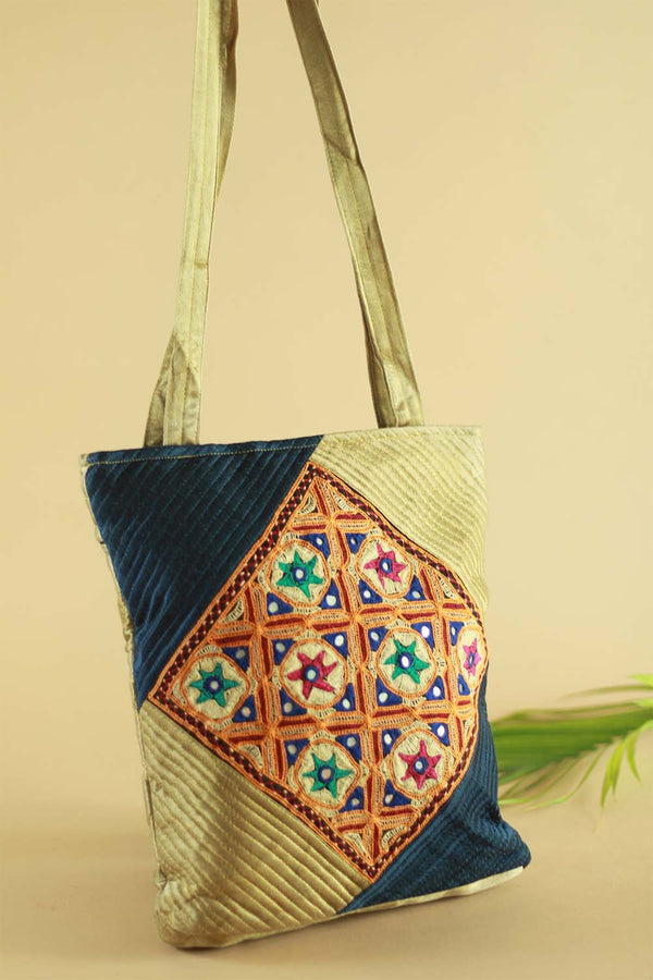 Hand Embroidered Fabric Bag Navy Gold