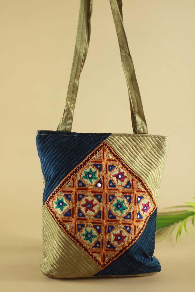 Hand Embroidered Fabric Bag Navy Gold