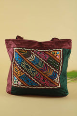 Hand Embroidered Fabric Bag Maroon Green