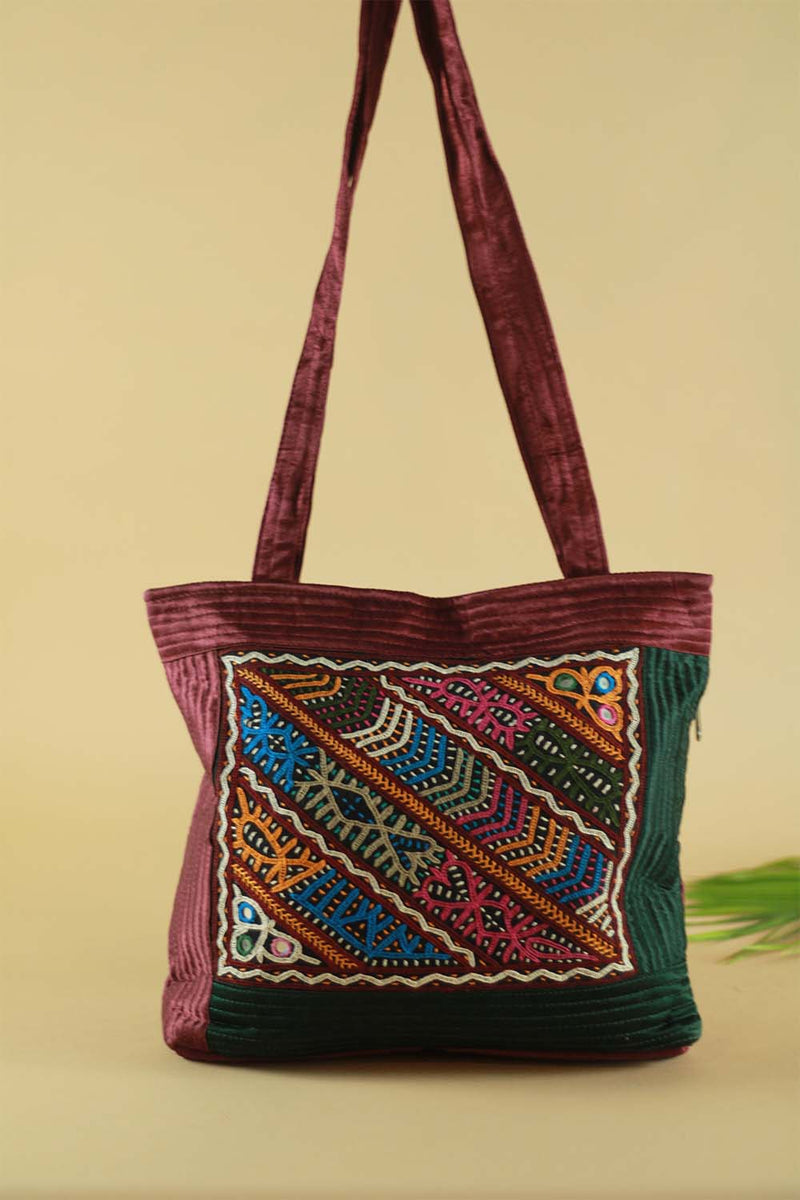 Hand Embroidered Fabric Bag Maroon Green