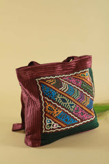 Hand Embroidered Fabric Bag Maroon Green