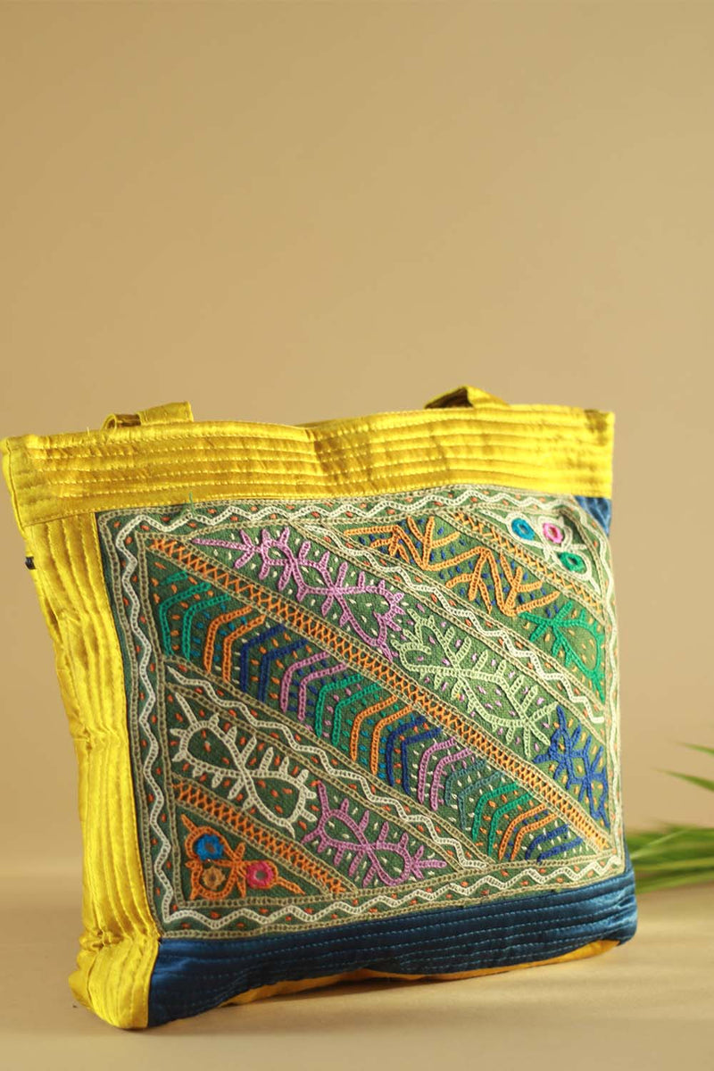 Hand Embroidered Fabric Bag - Blue Yellow