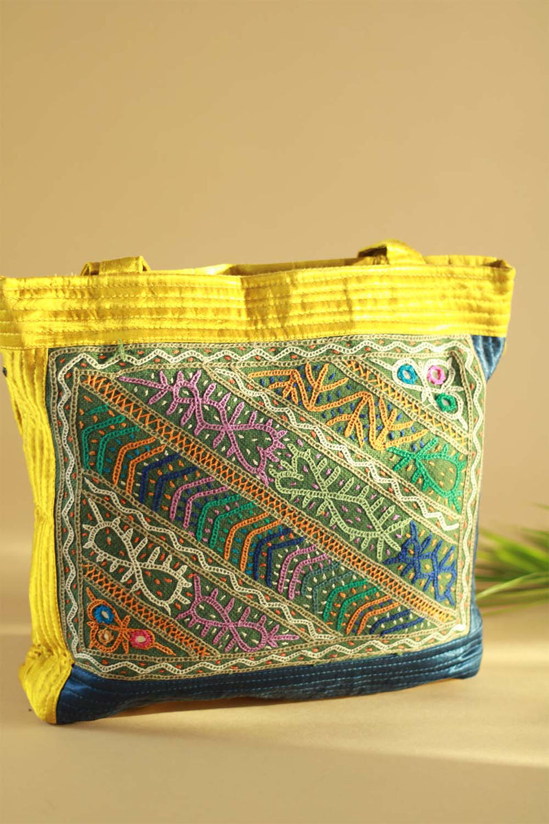 Hand Embroidered Fabric Bag - Blue Yellow