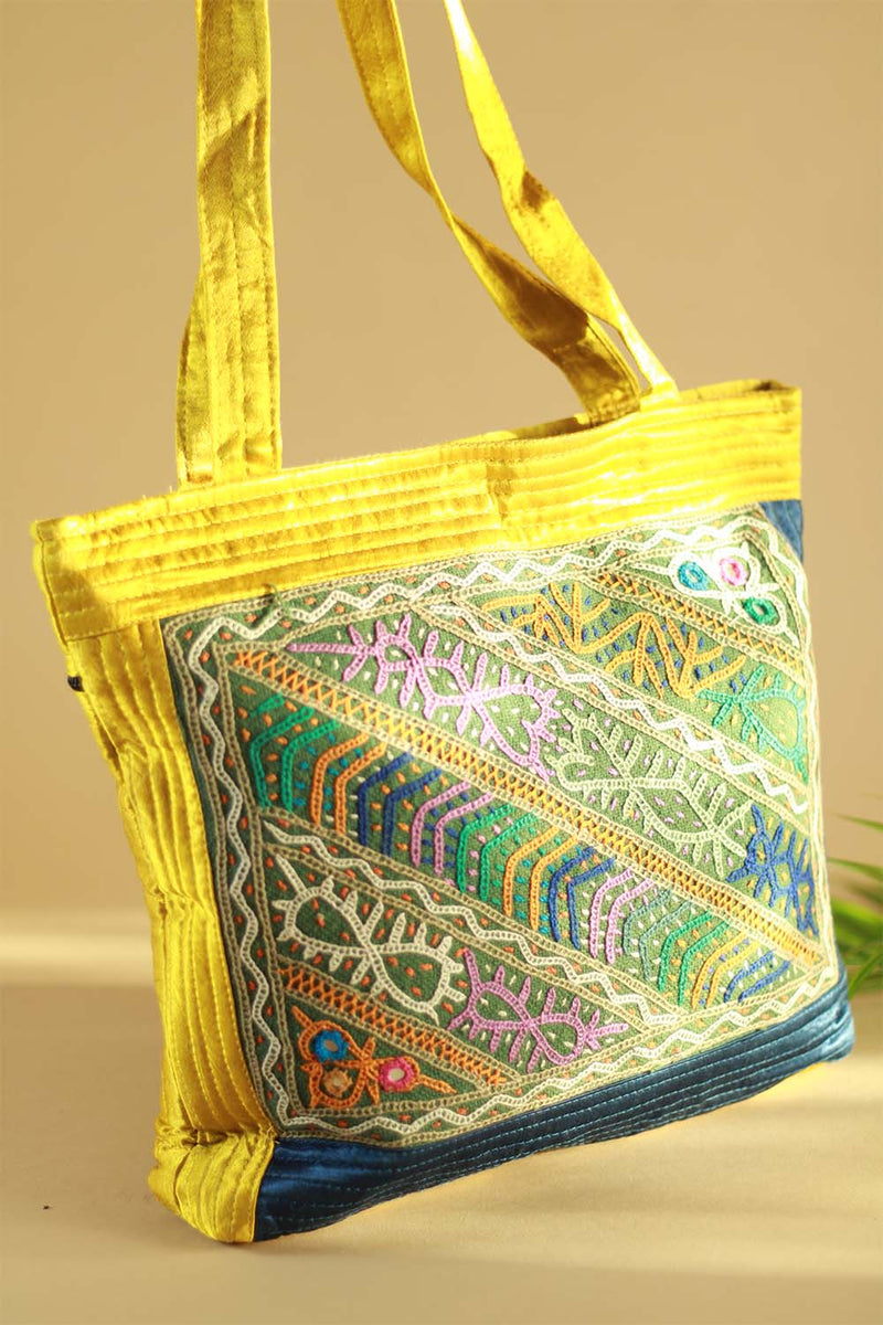 Hand Embroidered Fabric Bag - Blue Yellow