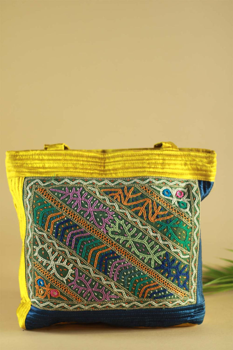 Hand Embroidered Fabric Bag - Blue Yellow