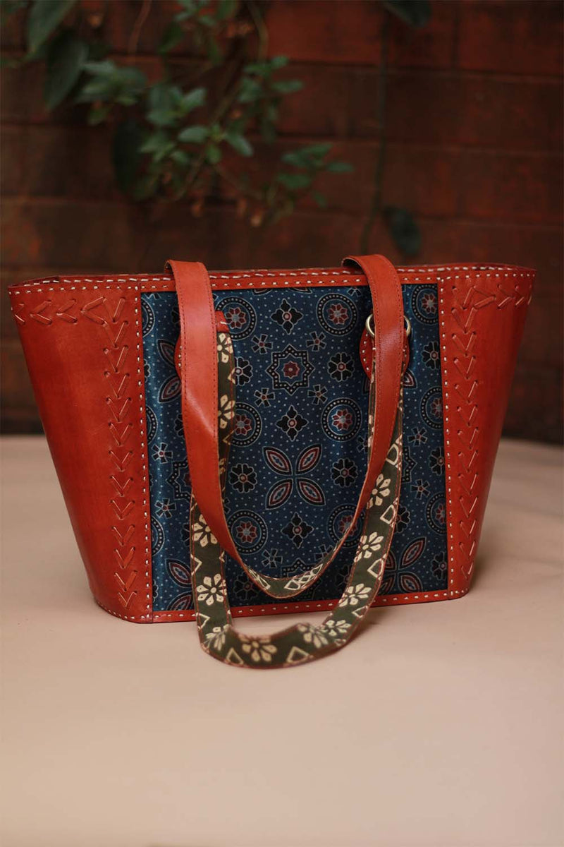 Handcrafted Kutch Mirrorwork & Leather Bag with Ajrakh