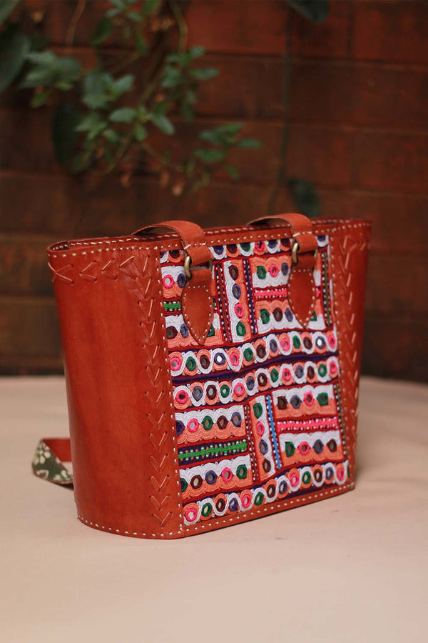 Handcrafted Kutch Mirrorwork & Leather Bag with Ajrakh