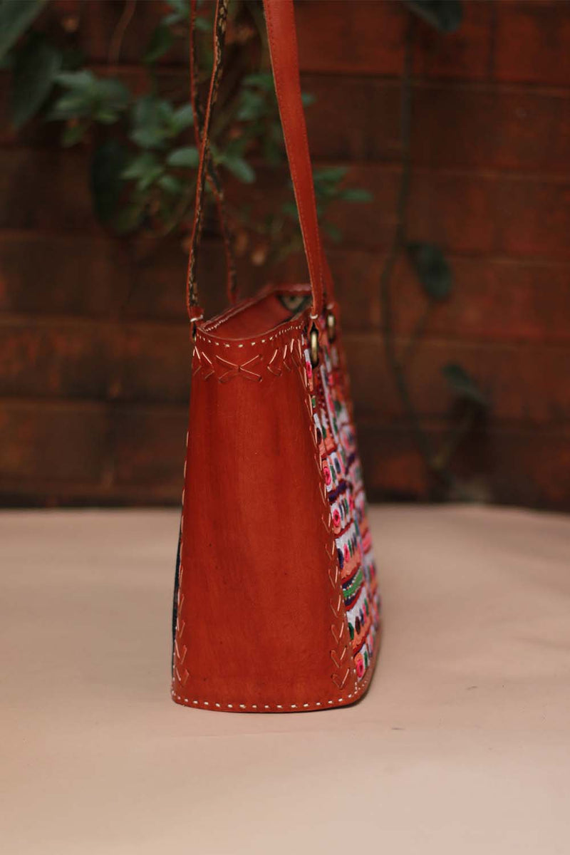Handcrafted Kutch Mirrorwork & Leather Bag with Ajrakh