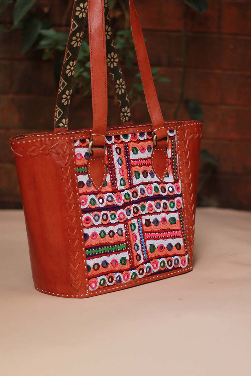 Handcrafted Kutch Mirrorwork & Leather Bag with Ajrakh