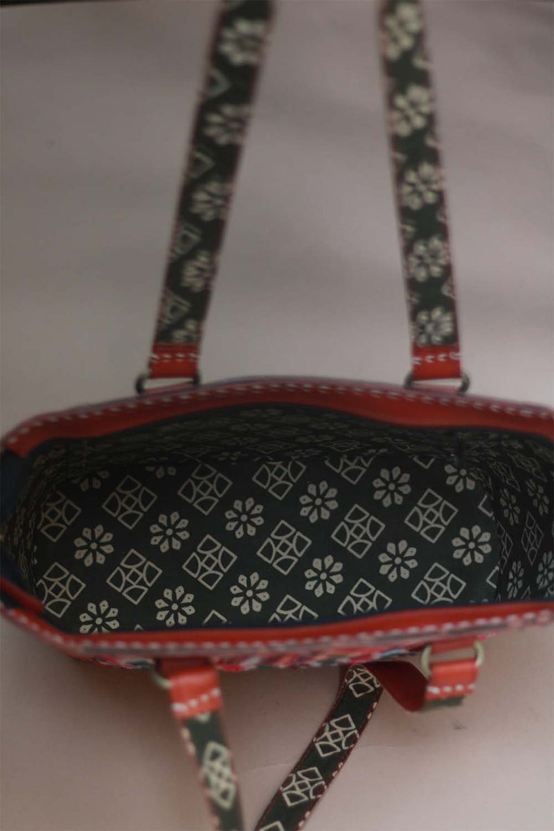 Handcrafted Kutch Mirrorwork & Leather Bag with Ajrakh