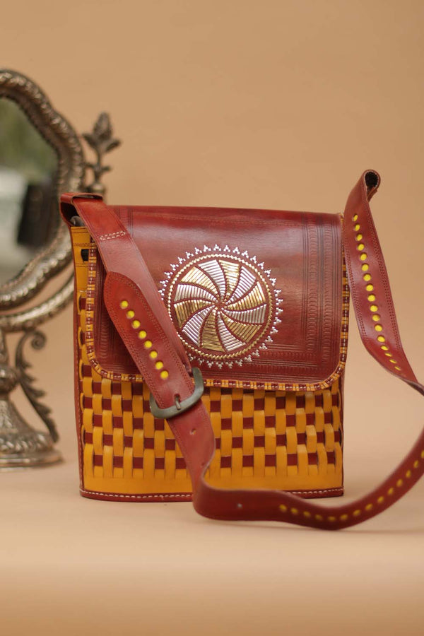 Handcrafted Kutchi Leather Woven Sling Bag