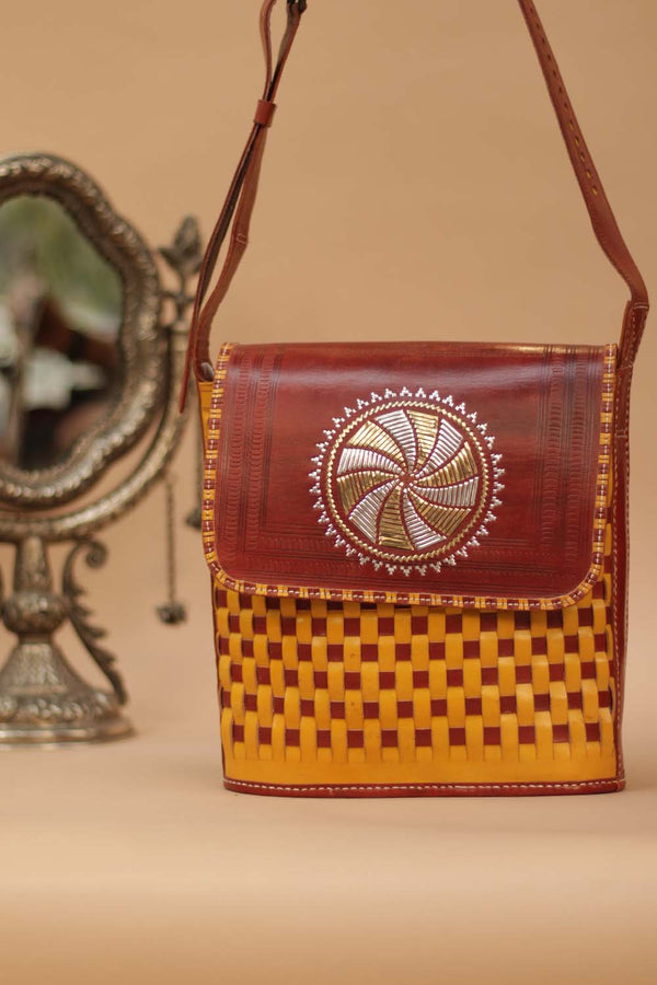 Handcrafted Kutchi Leather Woven Sling Bag