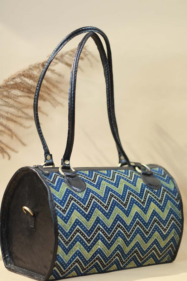 Handcrafted Kutch Mini Duffel in Leather and Lime Ajrakh