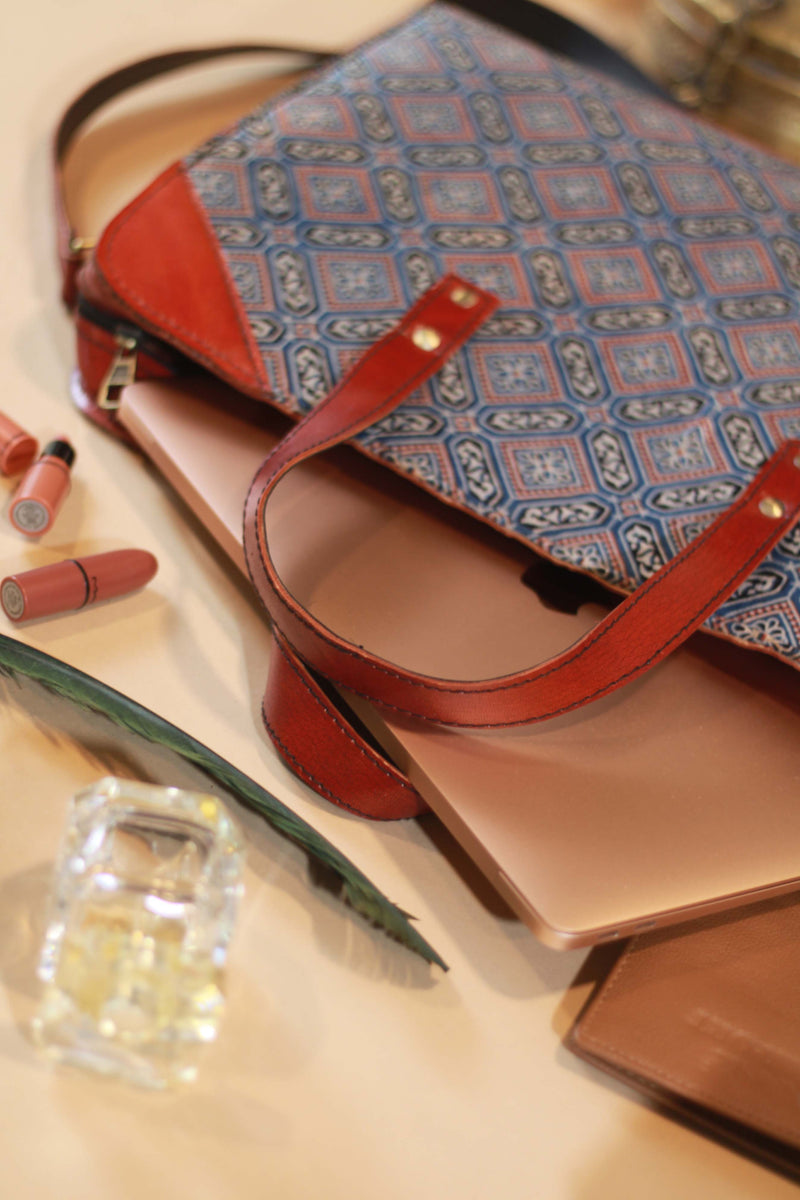 Handcrafted Leather Laptop Bag with Ajrakh