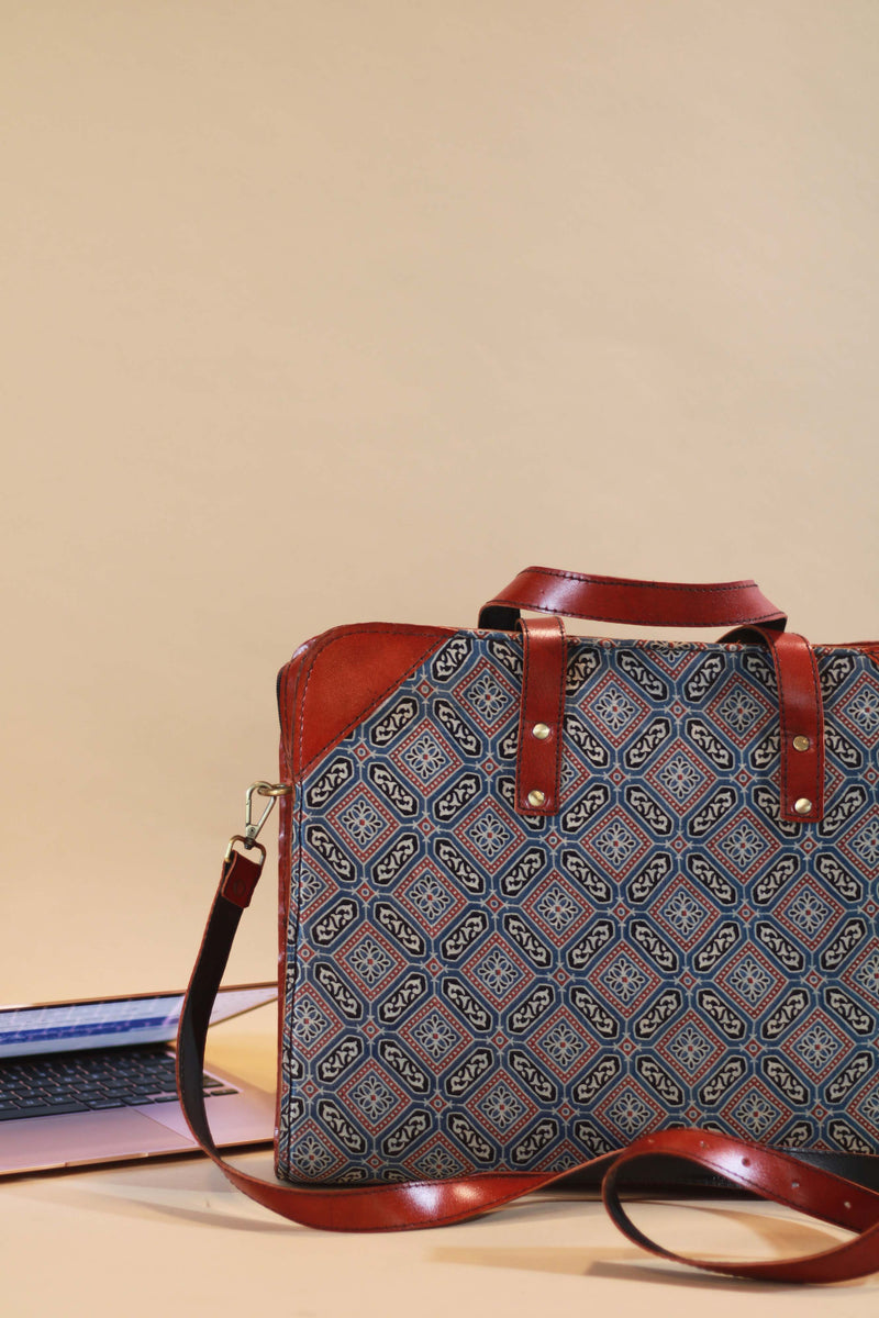 Handcrafted Leather Laptop Bag with Ajrakh