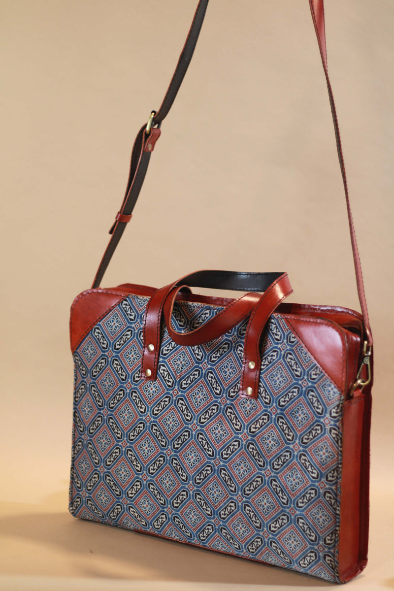 Handcrafted Leather Laptop Bag with Ajrakh