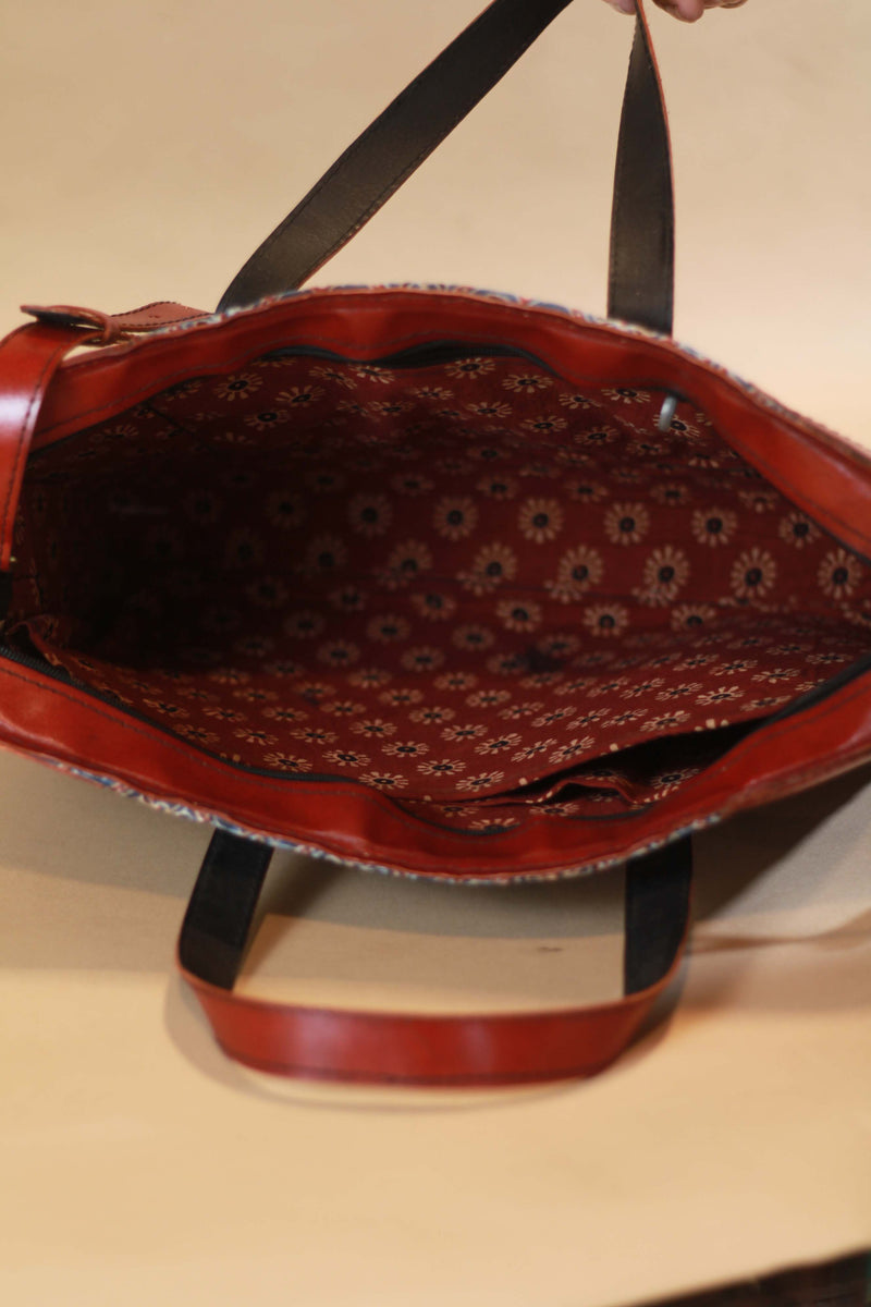 Handcrafted Leather Laptop Bag with Ajrakh