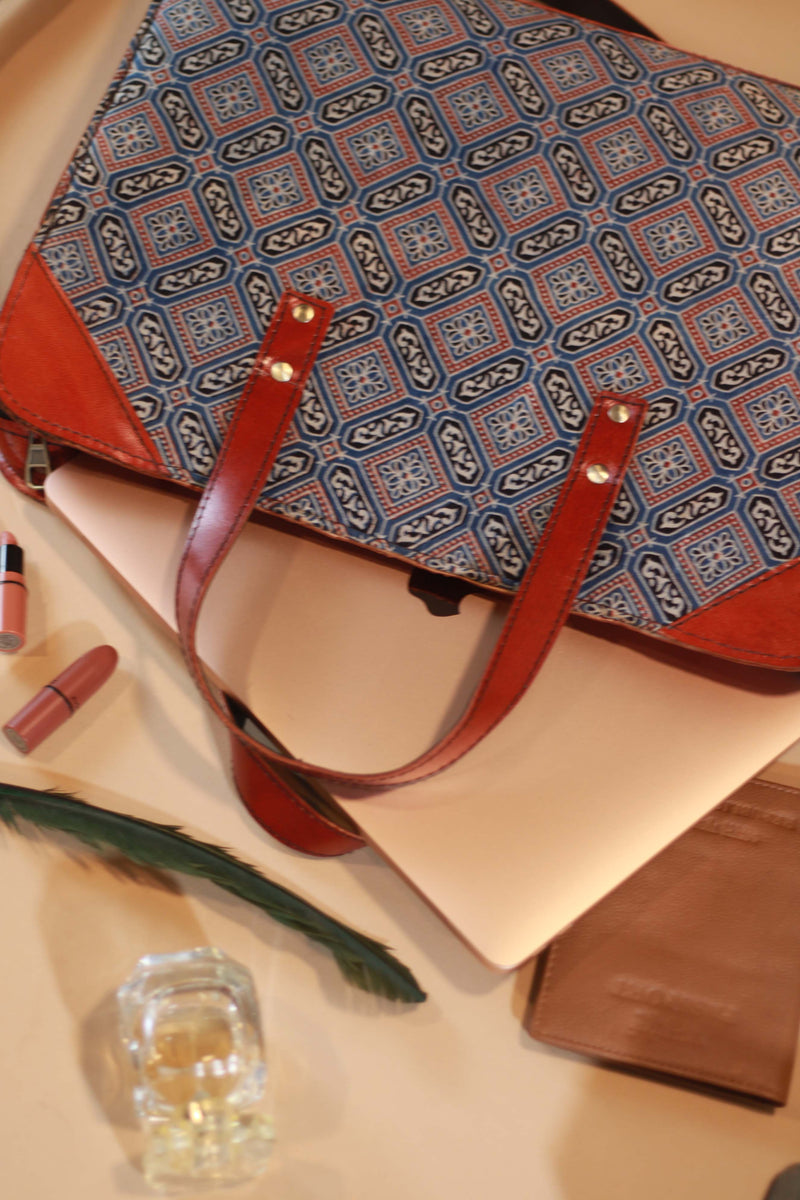 Handcrafted Leather Laptop Bag with Ajrakh