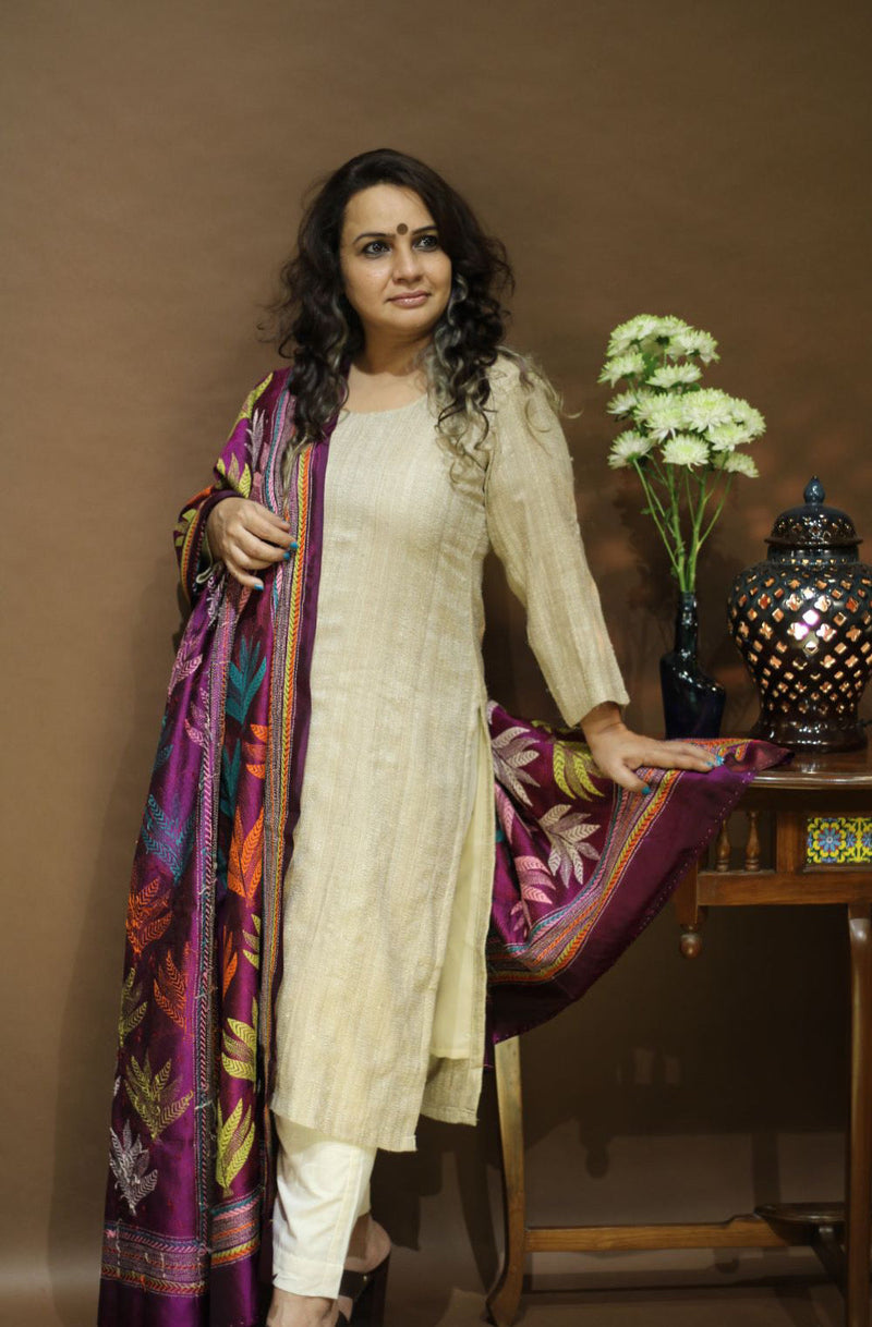 Kantha Silk Dupatta Aubergine
