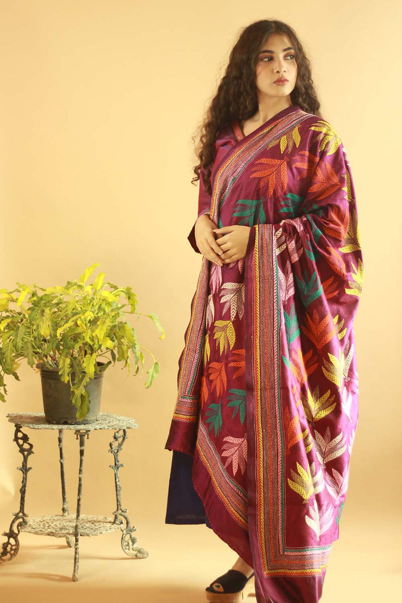 Kantha Silk Dupatta Aubergine