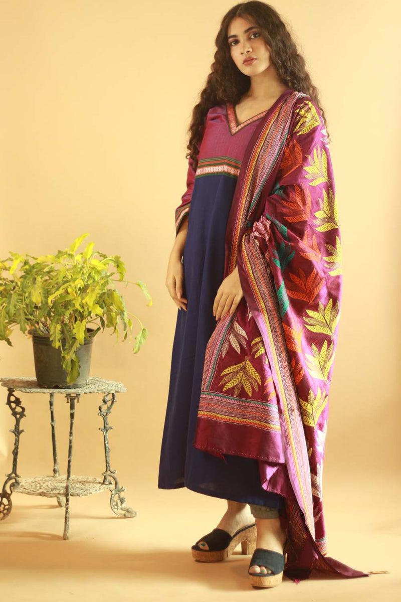Kantha Silk Dupatta Aubergine