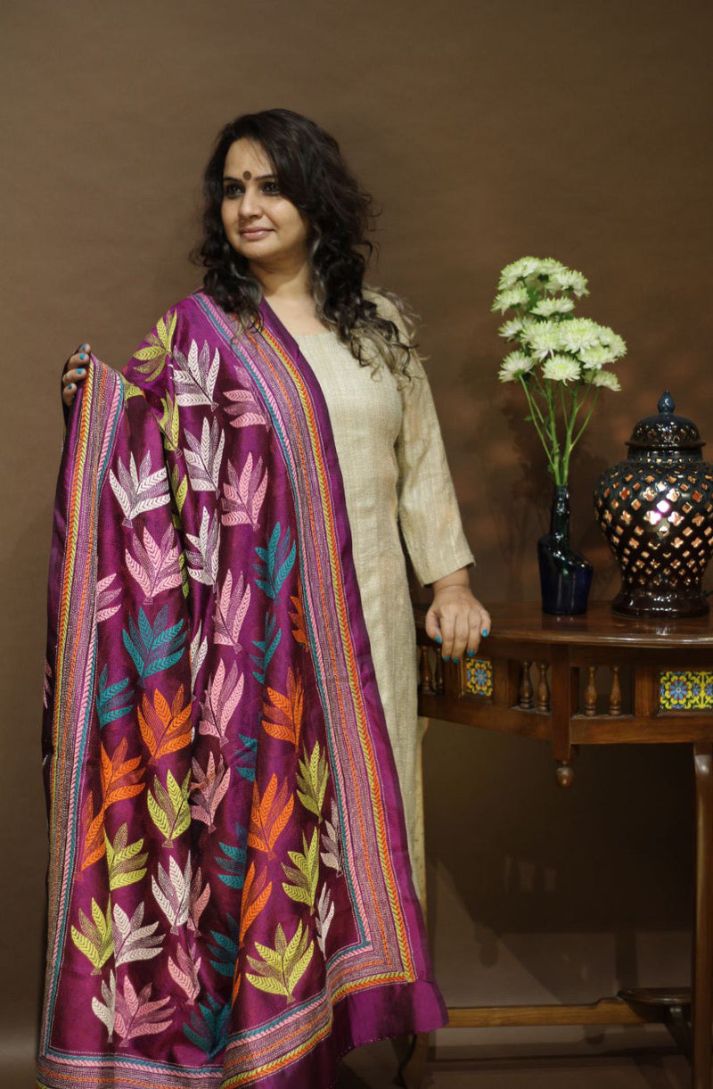 Kantha Silk Dupatta Aubergine