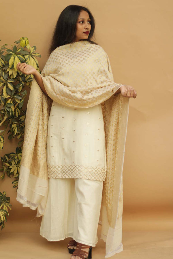 Banarasi Booti Munga Silk Dupatta - Ivory Gold