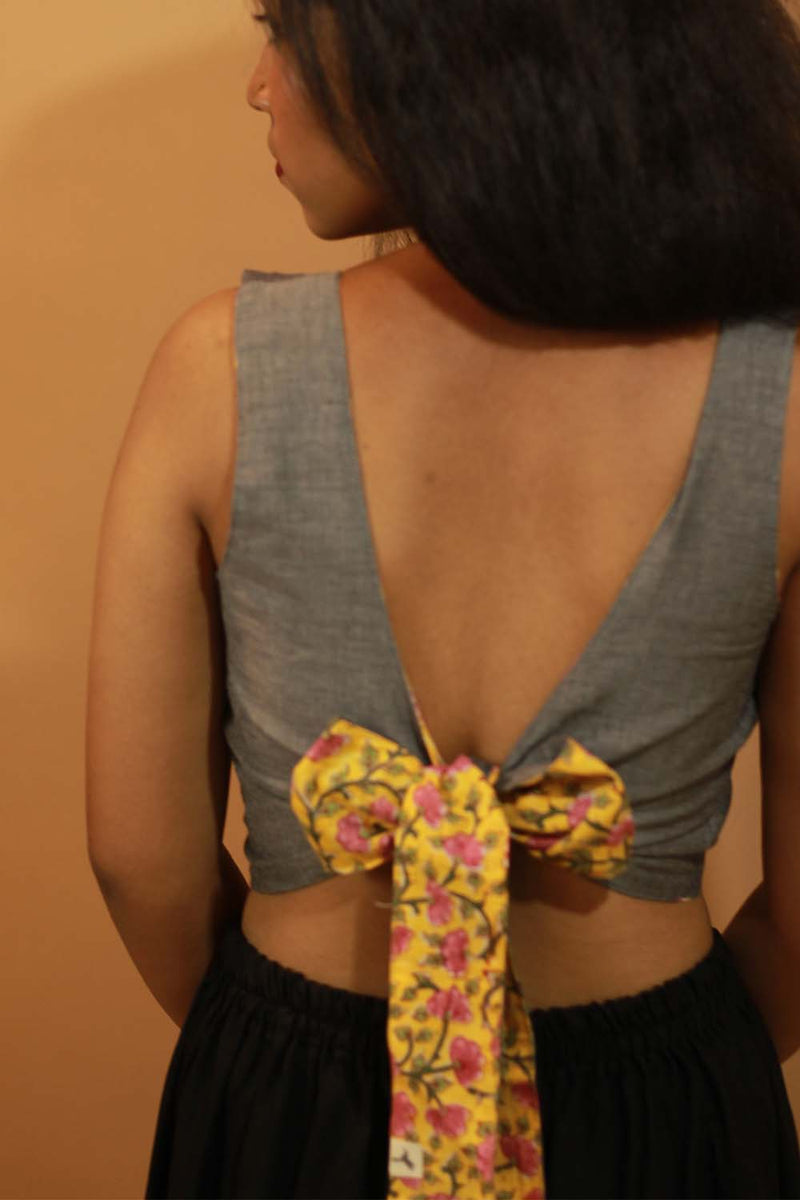 Reversible Blouse in Yellow Sanganeri & Solid Gray