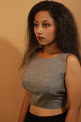 Reversible Blouse in Yellow Sanganeri & Solid Gray