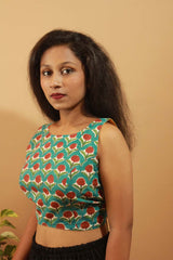 Reversible Blouse in Teal Sanganeri & Solid Chrome