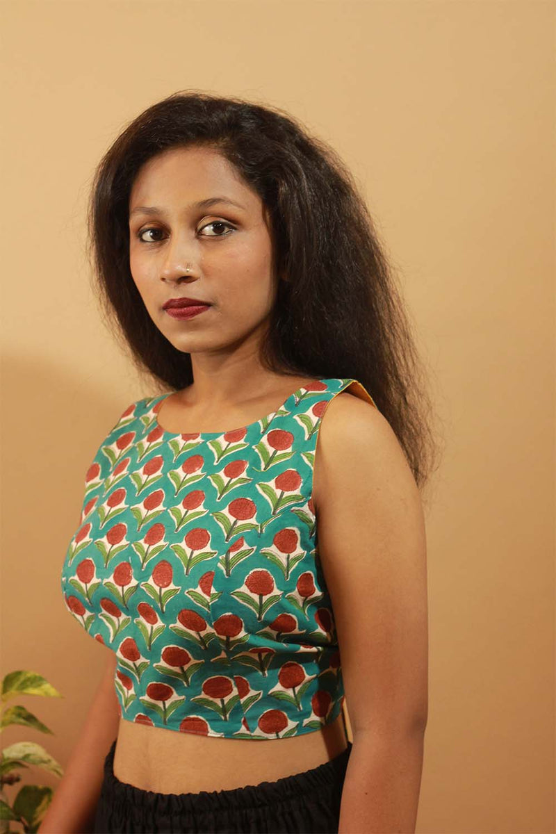 Reversible Blouse in Teal Sanganeri & Solid Chrome