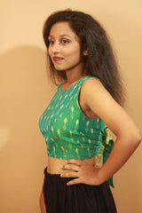 Reversible Blouse in Lime Floral Sanganeri & Teal Ikkat