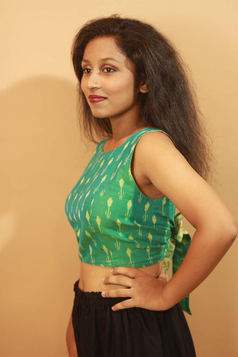 Reversible Blouse in Lime Floral Sanganeri & Teal Ikkat