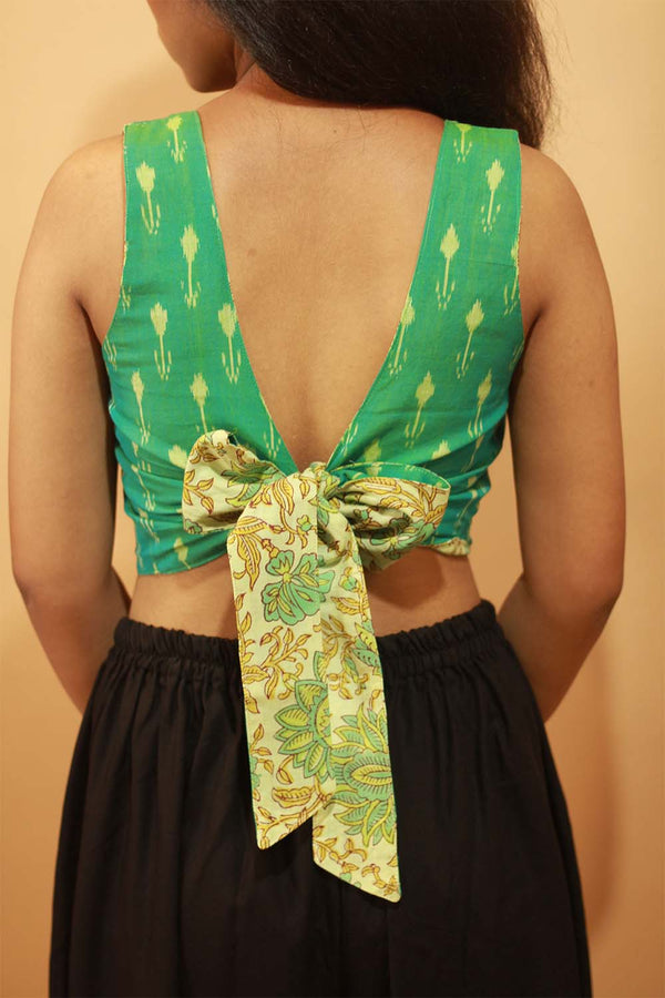 Reversible Blouse in Lime Floral Sanganeri & Teal Ikkat