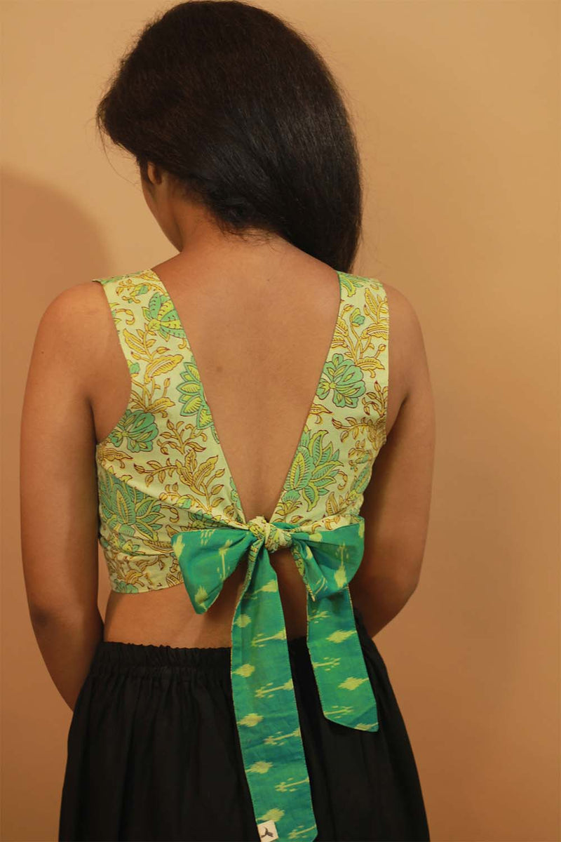 Reversible Blouse in Lime Floral Sanganeri & Teal Ikkat